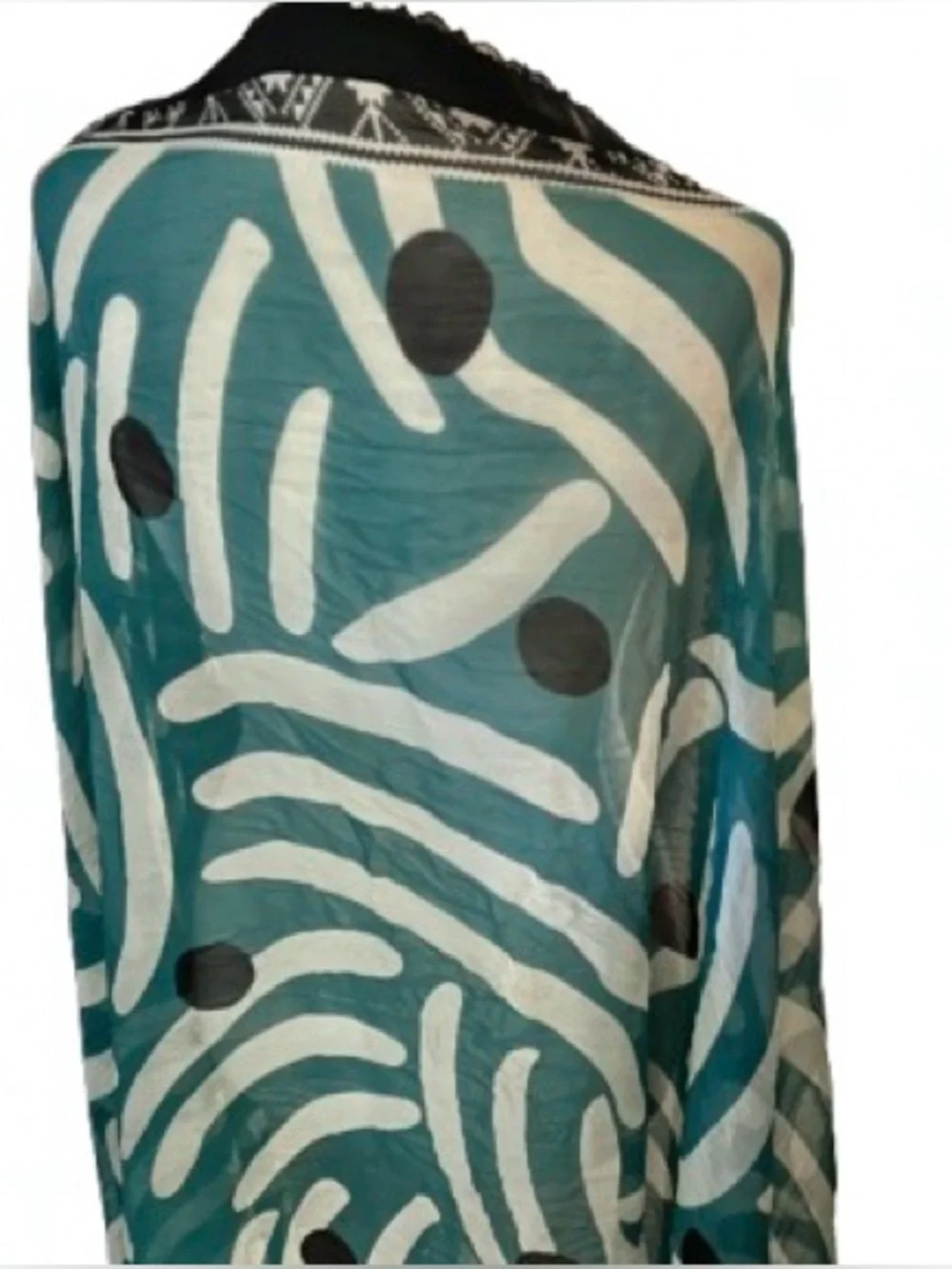 STUNNJNG Extra Long Scarf TEAL & BLACK LACE Sheer Abstract Blue Silk? Boho